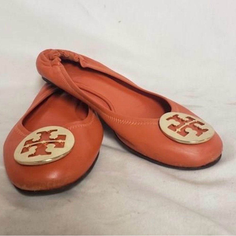 * Tory Burch Soft Orange Leather Logo Ballerina Flats SZ 8  *